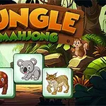 Texten Jungle Mahjong i stora bokstäver ovanför tre djurbrickor i en frodig djungelmiljö med en lemur och ekorre