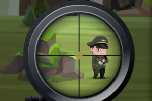 En tecknad soldat är i sikte genom ett prickskyttegevär, omgiven av grönska och stenar