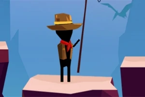 En silhuettfigur med hatt och röd scarf står på en klippa och håller en lång stav mot en blå bakgrund med en silhuett av en pterodaktyl i himlen