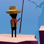 En silhuettfigur med hatt och röd scarf står på en klippa och håller en lång stav mot en blå bakgrund med en silhuett av en pterodaktyl i himlen