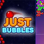 Färgglada bubblor organiserade i rader med en stor röd bubbla och texten JUST BUBBLES på en mörk bakgrund