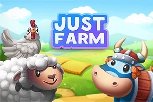 Tecknad bild med en glad ko iklädd vikingahjälm, ett leende får och en höna mot en lantlig bakgrund med texten Just Farm