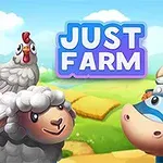 Tecknad bild med en glad ko iklädd vikingahjälm, ett leende får och en höna mot en lantlig bakgrund med texten Just Farm