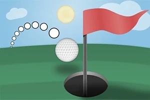 Golfboll i rörelse mot ett hål med en röd flagga på en grön bana under en klar himmel med sol och moln