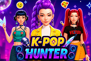Tre färgstarka K-pop-inspirerade tjejer framför en neonlila bakgrund med högtalare, discoljus och texten K-POP HUNTER