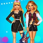 Två animerade kvinnor klädda i moderna kläder med en elgitarr mot en färgglad blå bakgrund