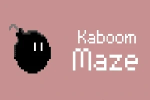 Pixelerad bild av en svart bomb med stubin bredvid texten Kaboom Maze på en rosa bakgrund