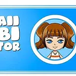Tecknad chibi-figur med brunt hår i en cirkel mot en blå bakgrund med texten Kawaii Chibi Creator