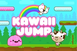 Söta djur och färgglad regnbåge med texten Kawaii Jump mot en blå himmel