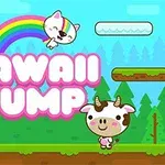 Söta djur och färgglad regnbåge med texten Kawaii Jump mot en blå himmel