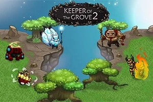 Fantasifulla varelser och träd i en färgglad, tecknad miljö med texten Keeper of the Grove 2 i mitten