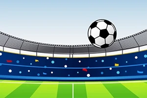 Fotboll som flyger över en grön fotbollsplan med en stadion full av åskådare i bakgrunden