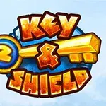 Ett färgglatt tecknat emblem med texten Key 2 & Shield och en stor guldnyckel mot en blå bakgrund