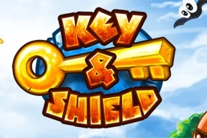 En stor guldfärgad nyckel och ordet Key & Shield i färgglada bokstäver mot en blå himmel med moln och några animerade detaljer
