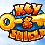 En stor guldfärgad nyckel och ordet Key & Shield i färgglada bokstäver mot en blå himmel med moln och några animerade detaljer