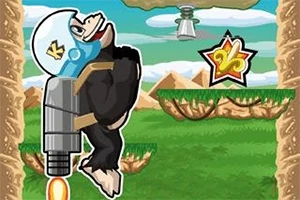 En gorilla med jetpack och hjälm flyger genom ett landskap med gräs och berg, medan den samlar föremål och undviker hinder