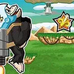 En gorilla med jetpack och hjälm flyger genom ett landskap med gräs och berg, medan den samlar föremål och undviker hinder