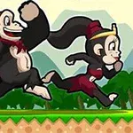 Två animerade apor med kronor och röda kläder springer bredvid varandra i en grön miljö med berg i bakgrunden