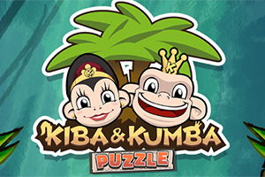 Två tecknade apor med leenden framför en palm och texten Kiba & Kumba Puzzle