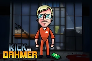 Animerad figur i orange fångdräkt står framför en fängelsecell, med sedelbunt och blodfläck på golvet, och texten Kick the Dahmer synlig