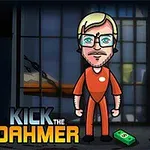 Animerad figur i orange fångdräkt står framför en fängelsecell, med sedelbunt och blodfläck på golvet, och texten Kick the Dahmer synlig