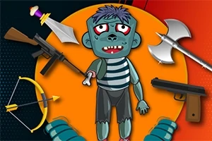 Tecknad zombie med randig tröja omgiven av olika vapen, inklusive svärd, yxa och pilbåge, på en färgglad bakgrund