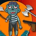 Tecknad zombie med randig tröja omgiven av olika vapen, inklusive svärd, yxa och pilbåge, på en färgglad bakgrund