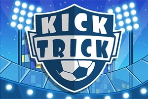 Sköldformad logotyp med texten KICK TRICK över en fotboll mot en bakgrund av strålkastare och en stadion