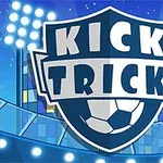 Sköldformad logotyp med texten KICK TRICK över en fotboll mot en bakgrund av strålkastare och en stadion