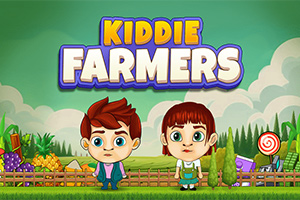 Två animerade barn står framför en gård med grönsaker och godis i en tecknad landsbygdsmiljö, med texten Kiddie Farmers ovanför