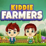 Två animerade barn står framför en gård med grönsaker och godis i en tecknad landsbygdsmiljö, med texten Kiddie Farmers ovanför