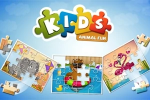 Färgglada pusselbitar och bilder av djur visas på en blå bakgrund med texten Kids Animal Fun i mitten