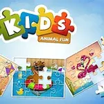 Färgglada pusselbitar och bilder av djur visas på en blå bakgrund med texten Kids Animal Fun i mitten