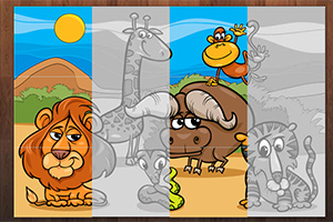 Tecknade savanndjur inklusive lejon, giraff, apa, buffel och lemur med en solig bakgrund