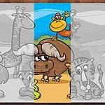 Tecknade savanndjur inklusive lejon, giraff, apa, buffel och lemur med en solig bakgrund