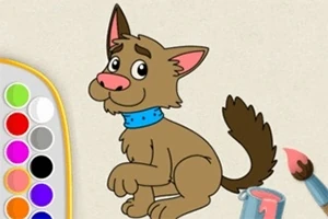 Tecknad brun hund med blått halsband sitter bredvid en palett med färger och en pensel