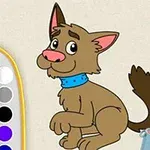 Tecknad brun hund med blått halsband sitter bredvid en palett med färger och en pensel