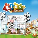 En pusselillustration med en tecknad ko och mjölkflaskor på en bondgård, omgiven av färgglada pusselbitar och texten KIDS FARM FUN i toppen