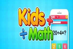Texten Kids Math visas i färgglada bokstäver bredvid en smartphone med en matematikfråga