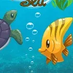 En tecknad havssköldpadda och en gul fisk simmar i ett blått hav med bubblor