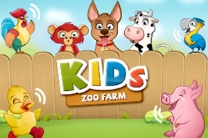 Tecknade djur vid ett staket med färgglad text där det står KIDS ZOO FARM