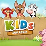 Tecknade djur vid ett staket med färgglad text där det står KIDS ZOO FARM