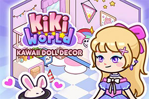Kawaii-inspirerad illustration med blond docka i lila klänning, kanin, rosa möbler och färgglad text