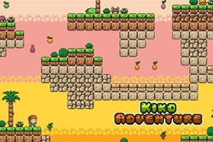 Pixelgrafik av en färgglad 2D-platåvärld med flytande stenplattformar, palmer och frukter mot en rosa och gul bakgrund
