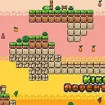 Pixelgrafik av en färgglad 2D-platåvärld med flytande stenplattformar, palmer och frukter mot en rosa och gul bakgrund