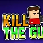 Tecknad figur med röd tröja, svart pistolliknande föremål och texten KILL THE GUY mot en blå bakgrund
