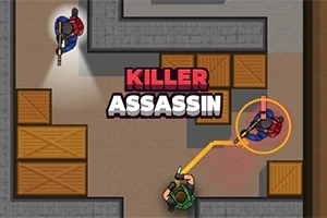 Två karaktärer med vapen i en labyrintliknande miljö med lådor och texten Killer Assassin i mitten
