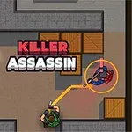 Två karaktärer med vapen i en labyrintliknande miljö med lådor och texten Killer Assassin i mitten
