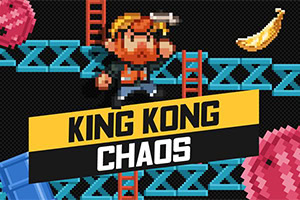 Pixelkonst med en man som hoppar mellan blåa plattformar med stegar, en gul banan, och texten King Kong Chaos