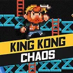 Pixelkonst med en man som hoppar mellan blåa plattformar med stegar, en gul banan, och texten King Kong Chaos